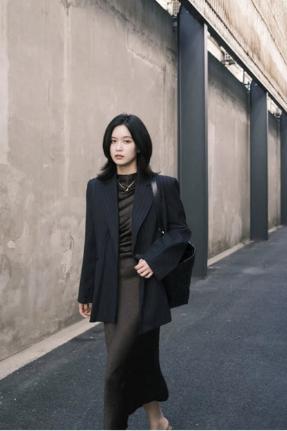Shoulder-Padded Pinstripe Blazer