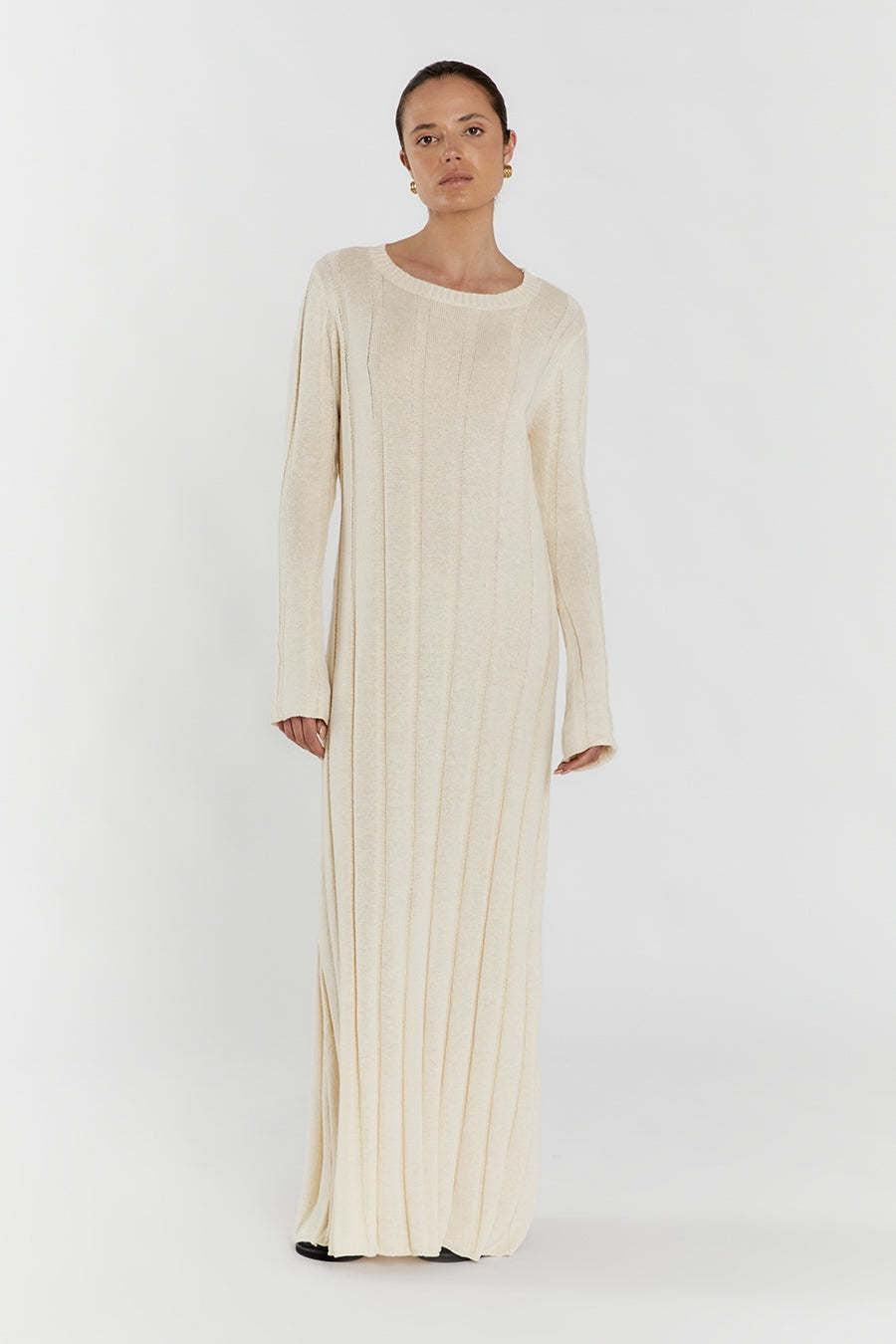 Rib Knit Long Sleeve Flare Hem Maxi Sweater Dress