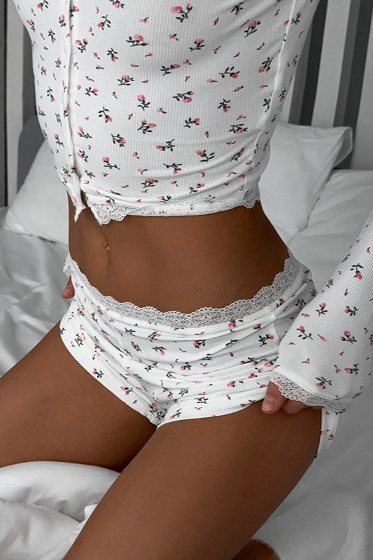 Floral Long Sleeve Cardigan Shorts Lounge Set