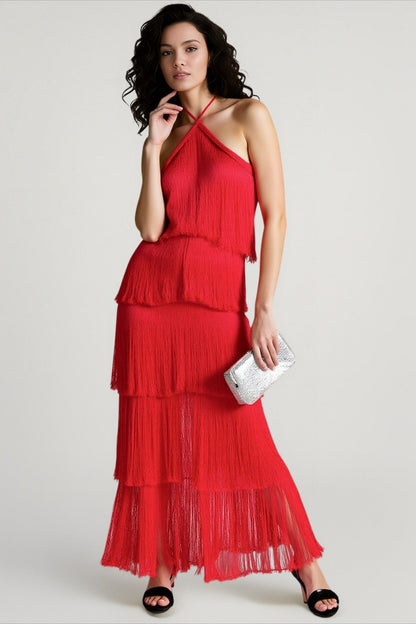Halter Fringe Backless Slit Column Mini Dress