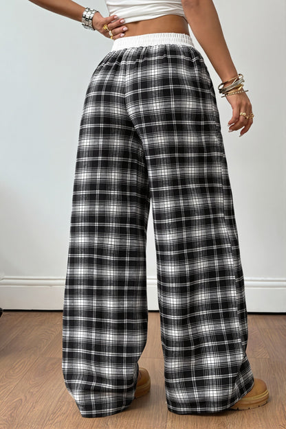 Plaid Drawstring Wide Leg Pants