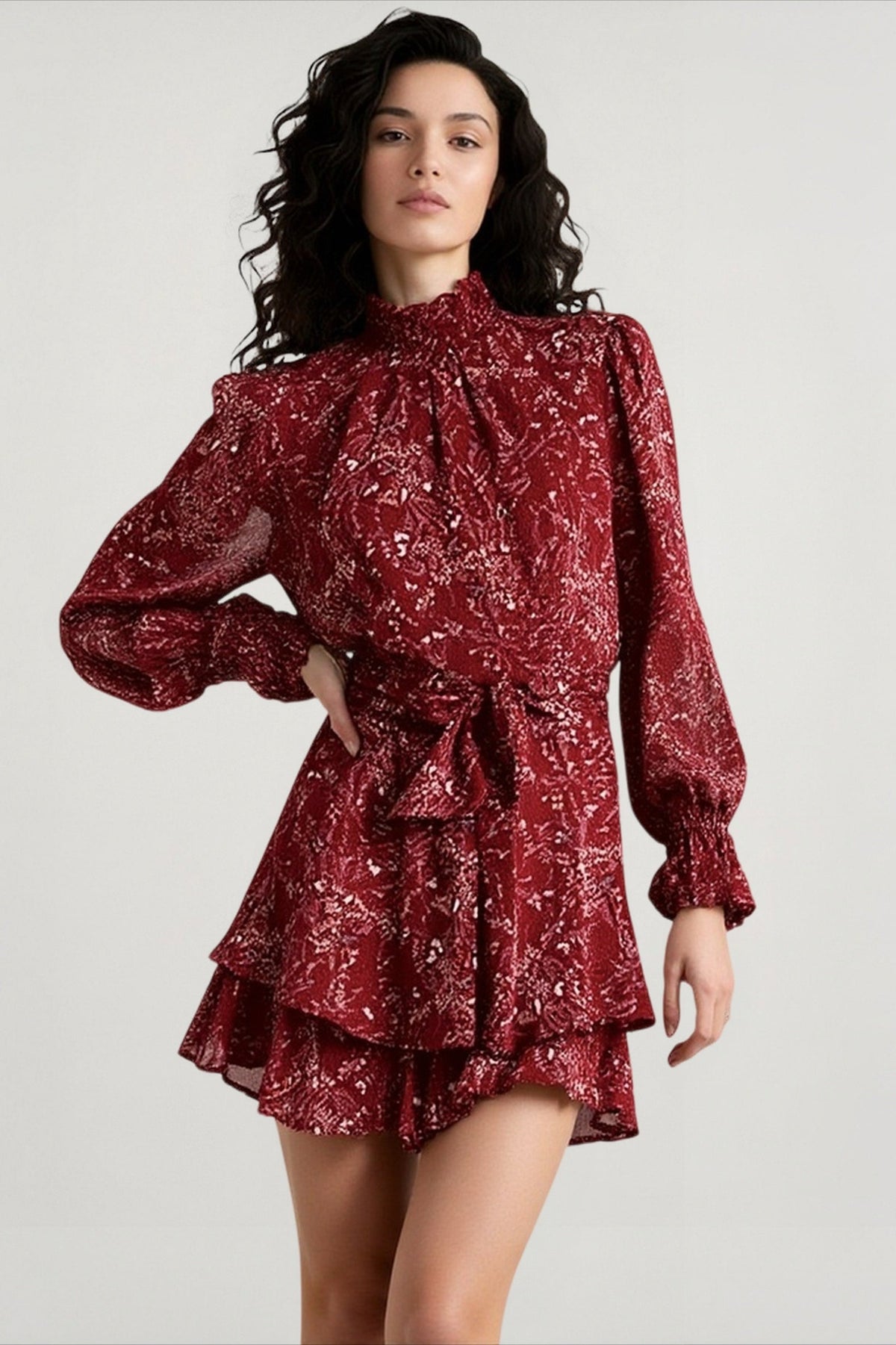 Smocked Mock Neck Blouson Sleeve Tie Waist Tiered Ruffle Mini Dress