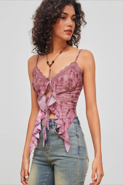 Lace Floral Ruffle Cami Top