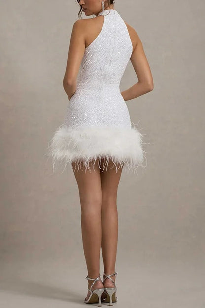 Sequin Halter High Neck Cut In Shoulder Feather Hem Bodycon Mini Dress