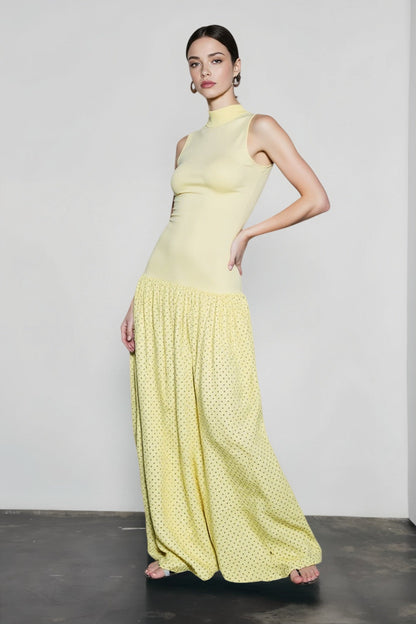 Mock Neck Drop Waist Micro Dot Gathered Maxi Dress