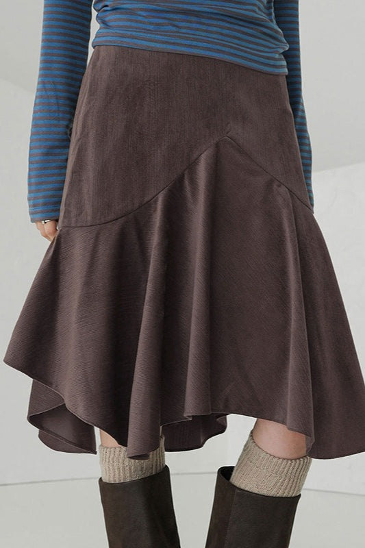 Retro Brown High Waist Asymmetrical Skirt