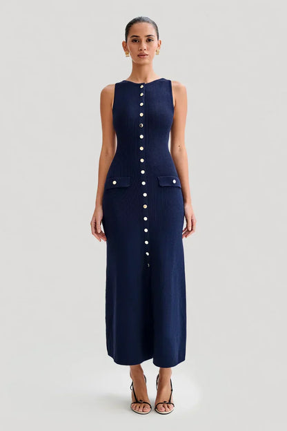 Rib Knit Crew Neck Sleeveless Metal Button Flap Pocket Maxi Dress