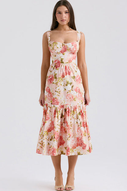 Sweetheart Bustier Wide Strap Floral Tiered Ruffle Midi Dress