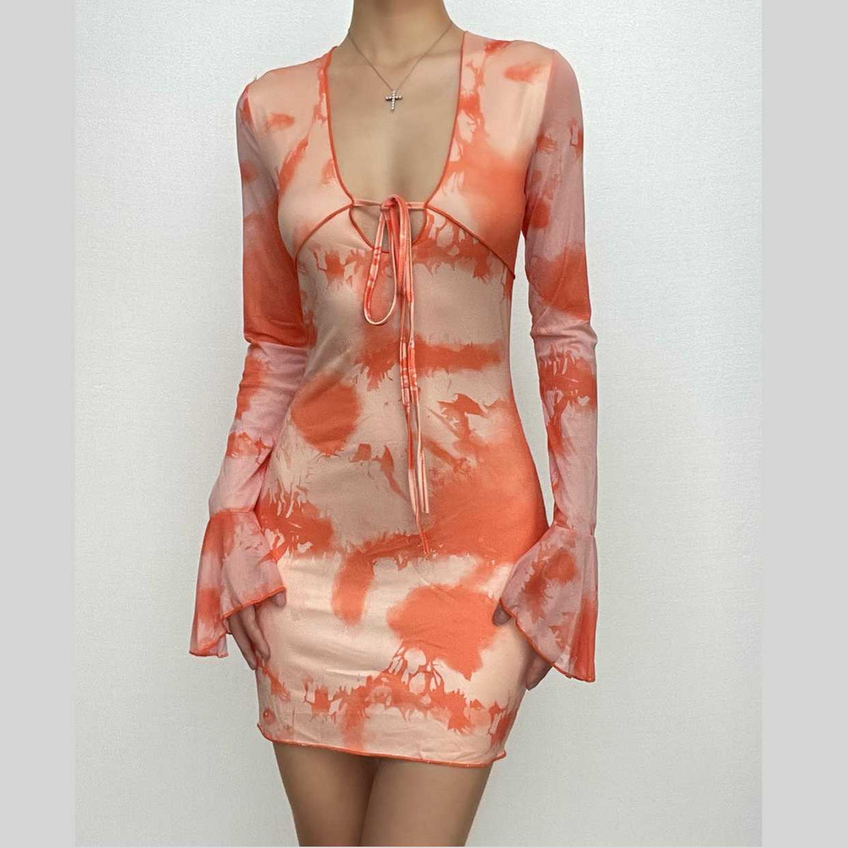 Tie-Dye Print Bell Sleeve Scoop Neck Keyhole Tie Bodycon Mini Dress