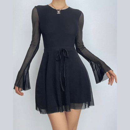 Tie Back Mesh Long Sleeve Bell Cuff Flared Overlay Bodycon Mini Dress