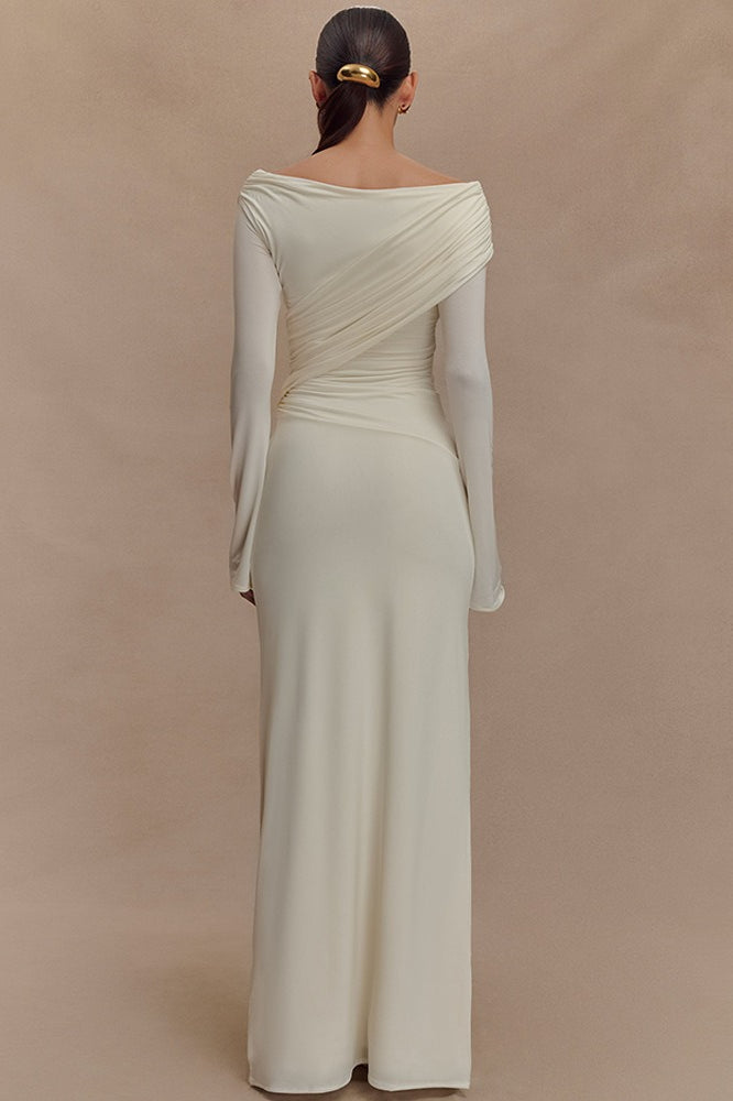 Crossover Ruched Drape Long Sleeve Column Maxi Dress