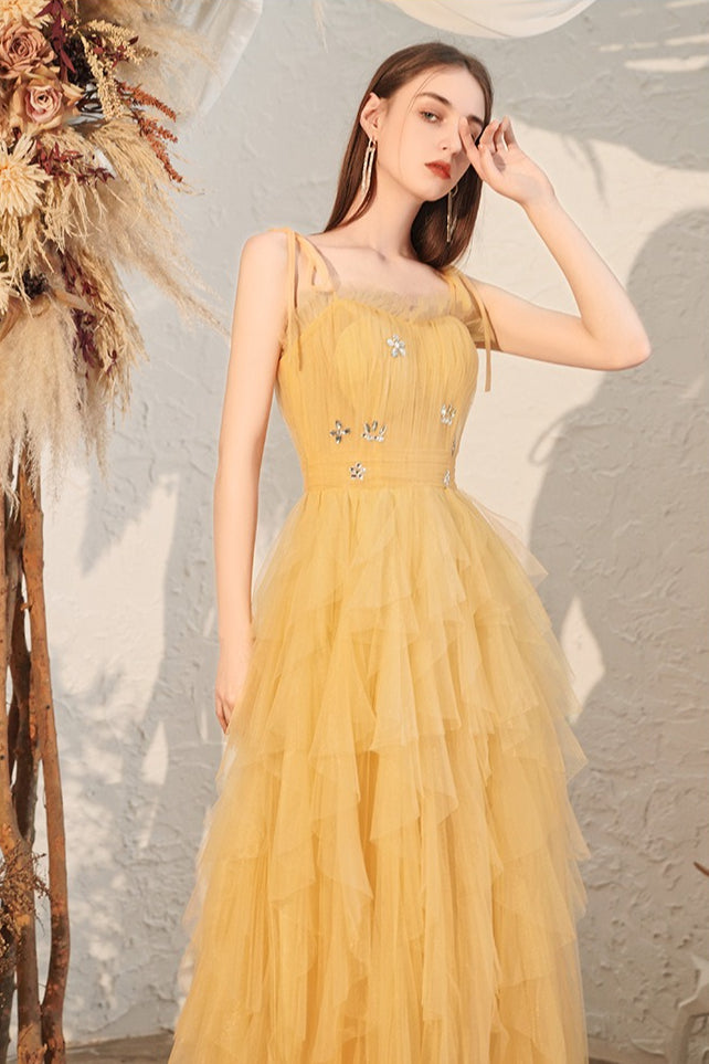 Yellow Spaghetti Strap Ruched Bodycon Mini Dress