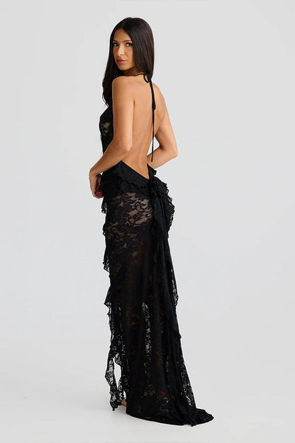 Cowl Halter Lace Cascade Ruffle Maxi Dress