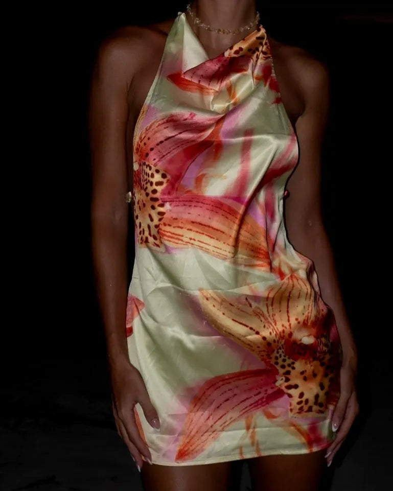 Halter Cowl Neck Tropical Floral Print Satin Backless Mini Dress