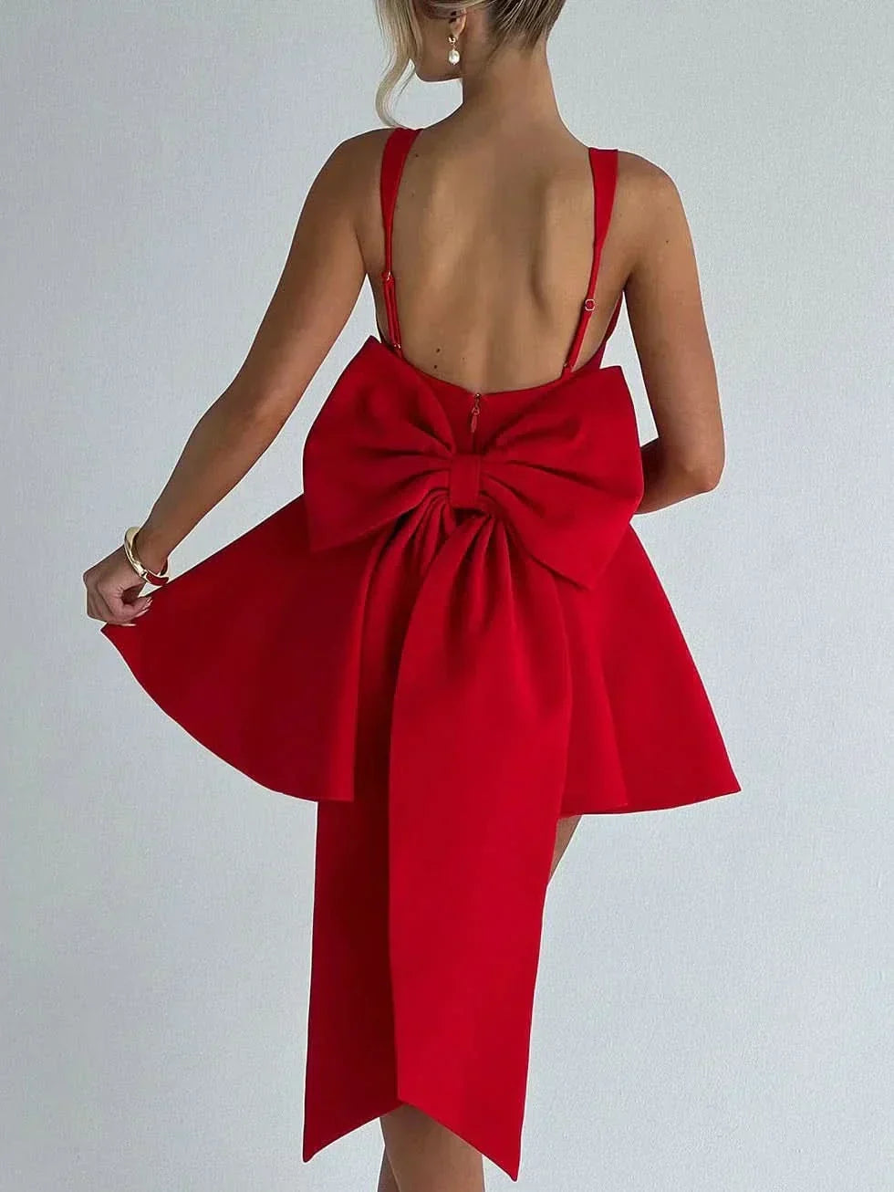 Square Neck Box Pleat Back Oversized Bow Tail Mini Dress