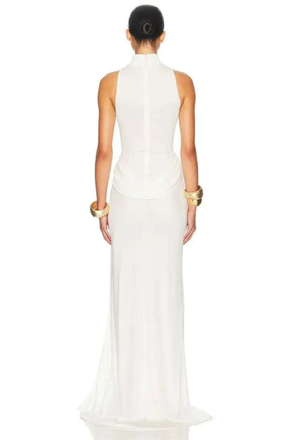 Turtleneck Off-Shoulder Sleeveless Pleated Maxi Dress