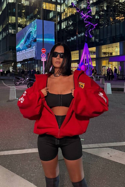 Oversized Zip-Up Logo Letter Print Hoodie