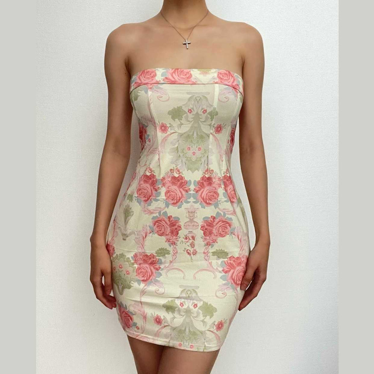 Strapless Tube Neck Floral Damask Print Bodycon Mini Dress
