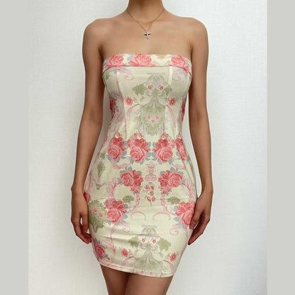 Strapless Tube Neck Floral Damask Print Bodycon Mini Dress