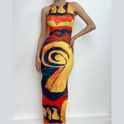 Abstract Spiral Print Crew Neck Tank Bodycon Maxi Dress