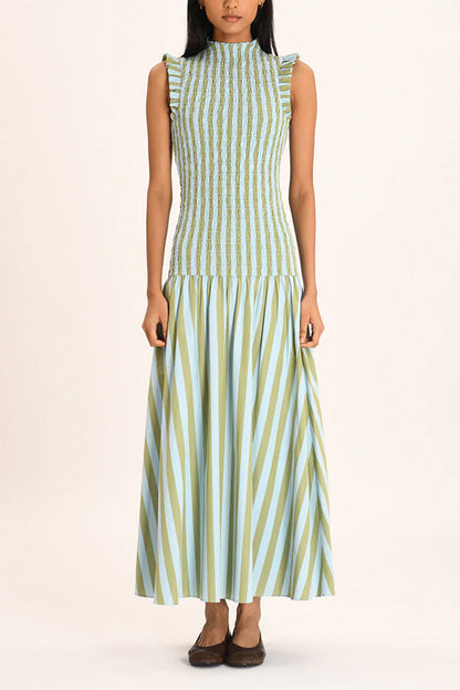 High Neck Sleeveless Smocked Bodice Striped Midi Dress
