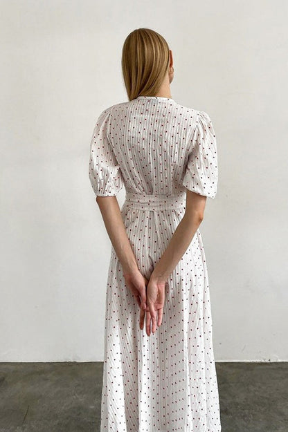 White Cotton Heart Print V-Neck Wrap Maxi Dress