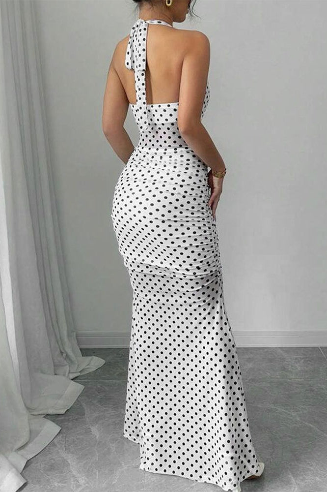 Polka Dot Halter Neck Sweetheart Ruched Cascade Ruffle Bodycon Midi Dress