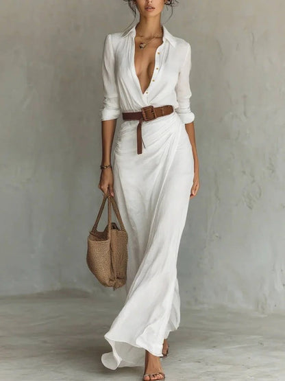 Collared Button Front Long Sleeve Belted Draped Wrap Maxi Dress