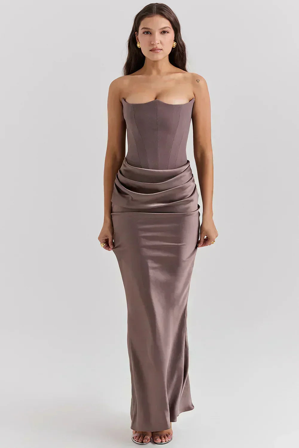 Strapless Pointed Neckline Hip Ruched Column Maxi Gown