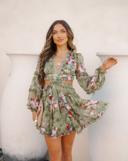 Spaghetti Strap Side Cutout Tiered Ruffle Floral Maxi Dress