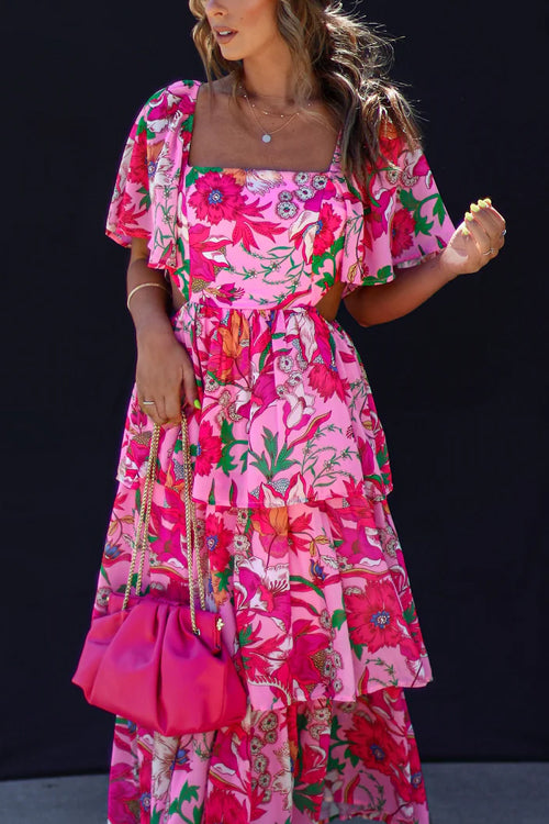 Square Neck Flutter Sleeve Waist Cutout Tiered Ruffle Floral Midi Dress