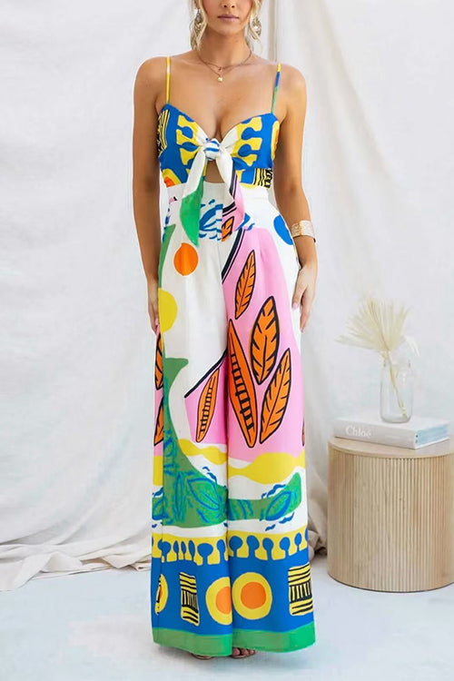Spaghetti Strap Cut Out Unique Print Wide Leg Jumpsuit
