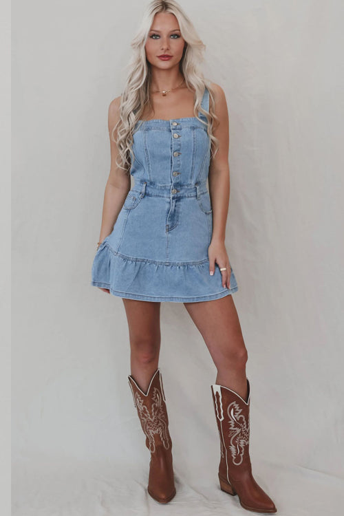 Square Neck Button Front Pocket Tiered Ruffle Denim Mini Dress