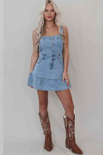 Square Neck Button Front Pocket Tiered Ruffle Denim Mini Dress