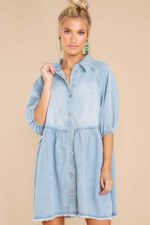 Collar Raglan Puff Sleeve Snap Front Denim Babydoll Dress