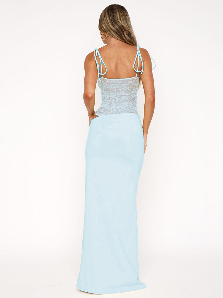Spaghetti Bow Strap Lace Midriff Wrap Waist Column Maxi Dress