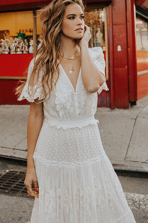 V Neck Short Sleeve Swiss Dot Lace Tiered Scalloped Hem Maxi Dress