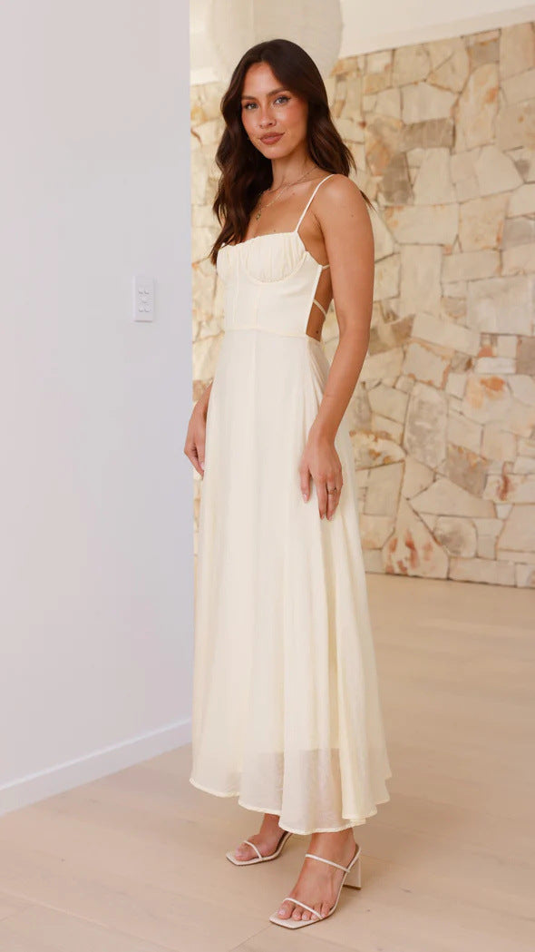 Spaghetti Strap Ruched Corset Bodice Tiered Maxi Dress