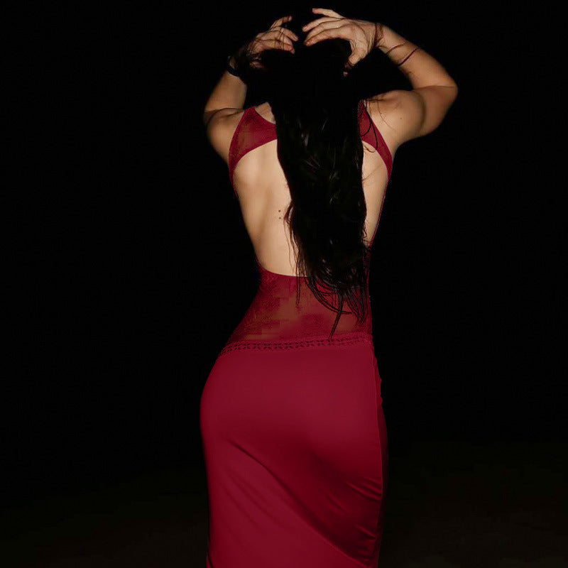 Boat Neck Asymmetric Lace Panel Bodycon Column Maxi Dress