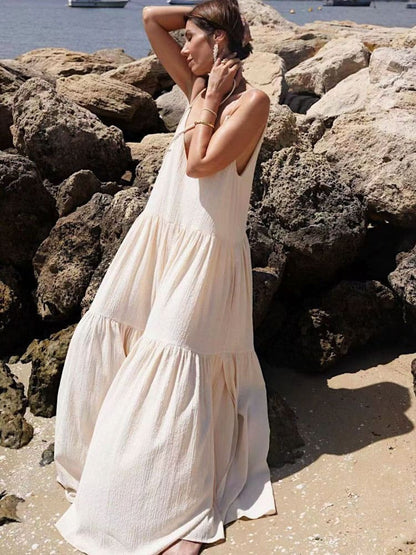 Deep V Neck Spaghetti Strap Tiered Crinkle Gauze Maxi Dress