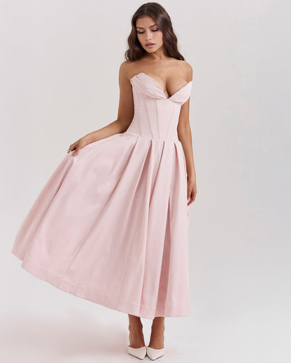 Strapless Corset Sweetheart Neckline Box Pleat A-Line Midi Dress
