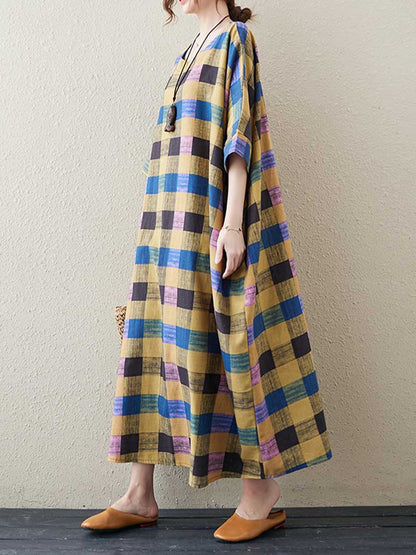 Plaid Bat Sleeve Midi Dress