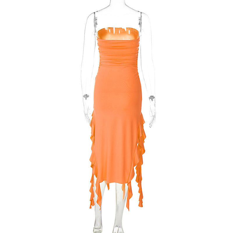 Strapless Ruched Double High Slit Ruffle Trim Pooling Hem Midi Dress