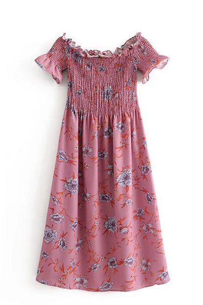 Off Shoulder Smocked Floral Ruffle Sleeve Midi Dress