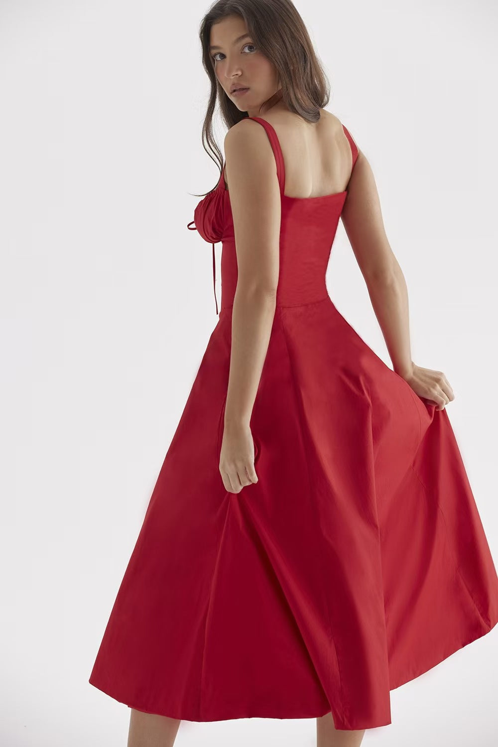 Tie Strap Ruched Sweetheart Corset Bodice Midi Dress