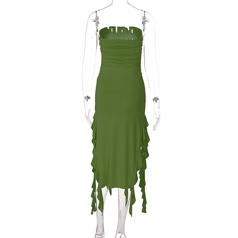 Strapless Ruched Double Slit Ruffle Trim Knee Length Midi Dress