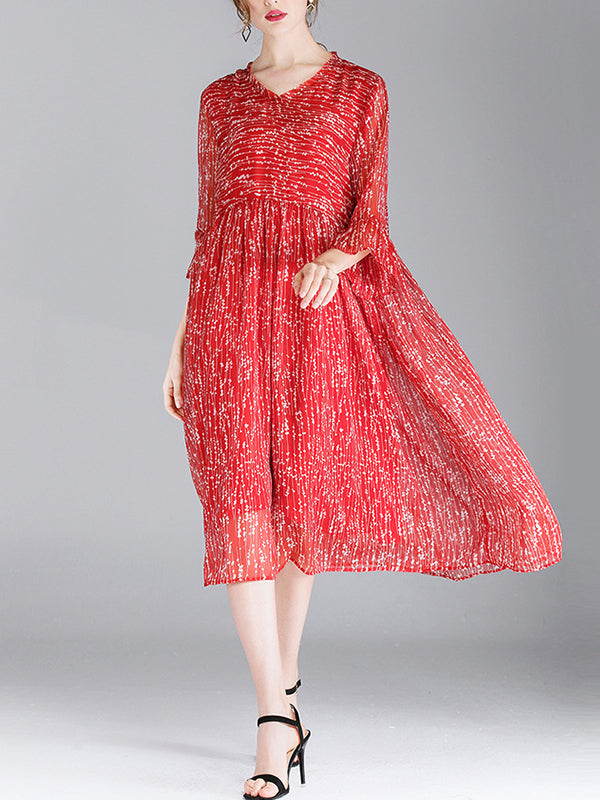 V-Neck Tiered Bell Cuff Empire Waist Pleated Dotted Midi Dress