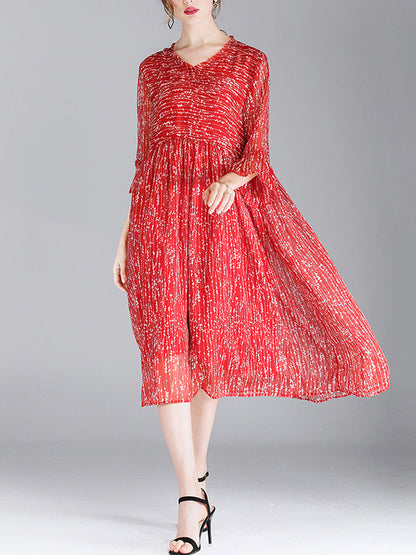 V-Neck Tiered Bell Cuff Empire Waist Pleated Dotted Midi Dress