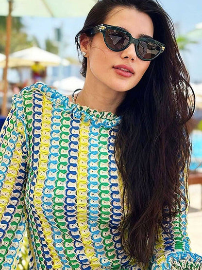 Crew Neck Crochet Zigzag Stripe Open Back Bodycon Maxi Dress