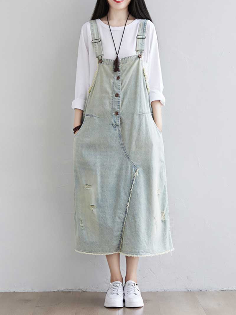 Square Neck Wide Strap Denim Bib Pocket Midi Dress